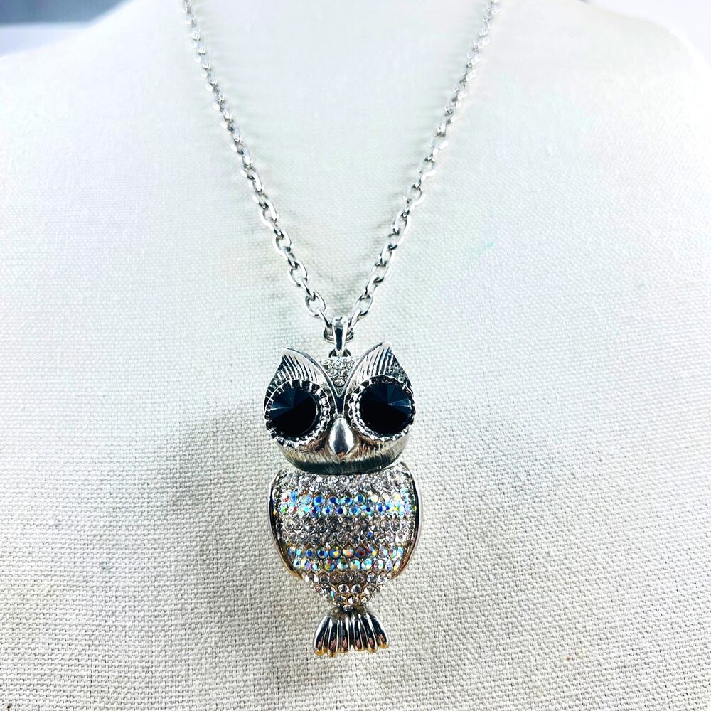 Y2K Whimsical Owl Necklace AB Rhinestone Silver Tone Maximalist Pendant